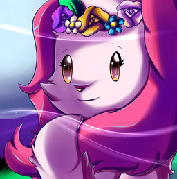 anthro female flower fluffy grass heart_symbol looking_at_viewer plant sky smile solo wind young young_anthro mrsorange sanrio wish_me_mell maimai_(sanrio) canid canine canis domestic_dog mammal
