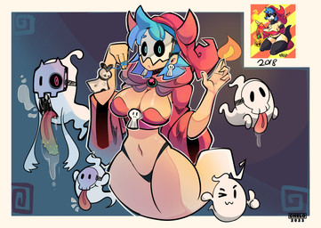 :3 big_breasts black_clothing black_panties black_sclera black_underwear blue_eyes blue_hair bodily_fluids bone bone_mask breasts clothing drooling ear_piercing female fire floating food fruit gem gesture ghost_tail glistening glistening_body glistening_skin group hair hand_gesture hood horn jack-o'-lantern legless looking_at_viewer mask navel one_eye_closed open_mouth panties piercing plant pumpkin red_eyes saliva skull skull_mask skull_piercing tan_body tan_skin teru_teru_bozu thick_thighs thumbs_up tongue tongue_out underwear wide_hips wink chelo ghost humanoid monster spirit 2018 2023 absurd_res hi_res model_sheet redraw signature