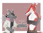 anthro anthrofied black_body black_fur bottomwear clothing duo fur hoodie male pants red_body red_fur shirtless topwear neotamine bandai_namco digimon canid canine canis digimon_(species) fangmon mammal shadowweregarurumon wolf absurd_res hi_res