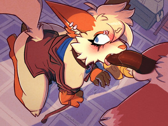 annoyed blush caught_in_the_act fellatio flustered multiple_piercings oral penile piercing sex eyeball6300_(chiv) mythology flip_(flipyart) accipitrid accipitriform avian bird canid canine dragon eagle fennec_fox fox mammal mythological_creature mythological_scalie scalie true_fox 4:3 hi_res