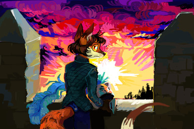 anthro armor bottomwear brown_body brown_fur brown_hair clothing frown fur furgonomic_pants hair headgear helmet holding_armor holding_headgear holding_helmet holding_object looking_at_viewer looking_back male orange_body orange_fur pants rear_view red_eyes sky solo standing structure sun sunset tan_body tan_fur topwear whiskers yellow_sclera worm_(artist) mathis_(worm) canid canine fox mammal hi_res