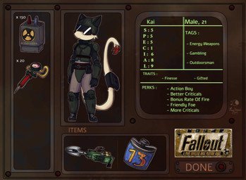 anthro canteen male plasma_rifle solo text unusualmoondemon fallout microsoft nintendo pokemon kai_mew-(character) generation_1_pokemon legendary_pokemon mew_(pokemon) pokemon_(species) english_text hi_res model_sheet tagme