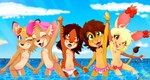 4_fingers accessory anthro beach bikini bikini_bottom bikini_bottom_only blue_eyes blurred_background blush bow_panties bow_swimwear bow_underwear breasts brown_body brown_fur brown_hair casual_exposure childish_panties clothed clothing clothing_pull cloud colored_edge_panties day detailed_background eyewear fangs female fingers flat_chested frilly frilly_clothing frilly_swimwear fur glasses green_eyes group hair hand_holding happy hat headgear headwear heart_clothing heart_panties heart_print heart_symbol heart_underwear light looking_at_viewer navel nipples one_eye_closed orange_body orange_fur outside panties panties_only panty_pull partially_clothed pink_bikini pink_bikini_bottom pink_clothing pink_panties pink_swimwear pink_underwear print_clothing print_panties print_underwear public public_exposure public_nudity red_eyes ribbons sea seascape sky small_breasts sunlight swimwear swimwear_pull teasing teeth text toddler topless topless_female two-piece_swimsuit underwear underwear_only underwear_pull water wet white_clothing white_panties white_underwear wink winking_at_viewer yellow_eyes young young_anthro piporete kaiti_(piporete) katy_(piporete) keiko_sakmat minami_(piporete) zoe_heartfields cervine deer felid feline lagomorph leporid lion mammal pantherine prehistoric_species rabbit saber-toothed_tiger absurd_res digital_media_(artwork) hi_res signature url sibling_(lore) sister_(lore) sisters_(lore) twins_(lore)