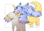 anthro belly biped black_nose blue_body bottomwear clothing duo eyes_closed humanoid_hands kemono pants shirt simple_background slightly_chubby topwear yellow_body inunoshippo bandai_namco digimon digimon_(species) gabumon human mammal 2022