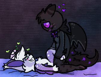 anthro bed_sheet bedding black_body black_fur blush blush_lines drinking_straw duo female flower fur green_eyes grin heart_symbol liquid male male/female plant purple_body purple_eyes purple_fur size_difference smile spots striped_body striped_fur stripes teeth white_body white_fur voidriot mythology blubzi inky_hybrid bat dragon hybrid mammal monster mythological_creature mythological_scalie scalie
