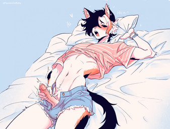 anthro bed blush bodily_fluids bottomwear clothed clothing denim denim_bottomwear denim_clothing denim_shorts ejaculation erection femboy furniture genitals hair hair_over_eye hotpants humanoid_genitalia humanoid_penis looking_pleasured male masturbation nude open_mouth orange_eyes penile penile_masturbation penis piercing pillow raised_clothing raised_shirt raised_topwear shirt shorts simple_background small_waist solo text topwear pawsessivebaby kairo_(pawsessivebaby) calico_cat domestic_cat felid feline felis mammal colored digital_drawing_(artwork) digital_media_(artwork) hi_res shaded