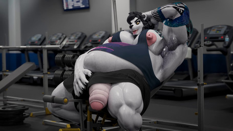 anthro belly big_belly big_penis black_hair bodily_fluids bulge bulge_rubbing clothing facial_hair genitals gym hair hand_behind_head male musclegut muscular muscular_anthro muscular_male overweight overweight_male peeking_penis penis public public_exposure shirt solo sweat tank_top tattoo thick_penis throbbing throbbing_penis tongue tongue_out topwear vein veiny_penis white_body toastii kinktober_2025 domino_(midnighthossman) bear giant_panda mammal 16:9 2025 3d_(artwork) 3d_animation animated digital_media_(artwork) hi_res no_sound short_playtime video widescreen