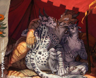 4_ears anthro anthro_on_anthro brown_body brown_fur butt claws cuddling digitigrade eyes_closed fangs female female/female finger_claws fur grey_body grey_fur group horn inner_ear_fluff leopard_spots looking_at_another multi_ear nude smile spots striped_body striped_fur stripes tail teeth tent text toe_claws trio tuft tusks under_shade white_body white_fur c.t.elder guild_wars charr felid mammal shaded signature url
