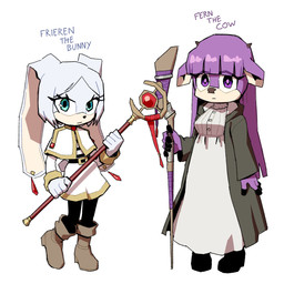 alternate_species anthro belt boots breasts capelet clothing duo ear_piercing eyelashes female floppy_ears footwear green_eyes hair long_hair lop_ears piercing purple_eyes purple_hair shoes staff white_hair ironicnotsavage frieren_beyond_journey's_end sega sonic_the_hedgehog_(series) fern_(frieren) frieren bovid bovine cattle lagomorph leporid mammal rabbit 1:1 2026 absurd_res hi_res