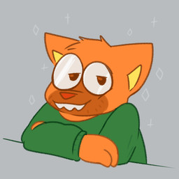 anthro big_eyes biped brown_eyes brown_outline clothed clothing countershade_face countershading crossed_arms eyewear fully_clothed fur glasses green_clothing green_outline green_topwear grey_background looking_away orange_body orange_fur outline overbite relaxing reverse_countershading simple_background smile solo sweater topwear crushpepper puya_(crushpepper) domestic_cat felid feline felis mammal bust_portrait digital_media_(artwork) portrait