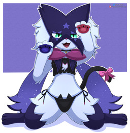 alternate_color ambiguous_gender anthro biped bow_(feature) bow_ribbon broken_mask cat_costume cat_tail chest_tuft clothing collar costume green_eyes kneeling lace lace_panties lingerie looking_at_viewer pawpads paws raised_paw simple_background solo star teeth textured_background tongue tuft cloudeon nintendo pokemon shye_(meowscarada) generation_9_pokemon meowscarada pokemon_(species) hi_res