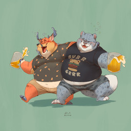 alcohol anthro antlers arm_around_shoulders beer belly beverage biped blush brown_body brown_fur drunk duo eyes_closed fur grey_body grey_fur holding_beverage holding_object hooves horn male markings moobs navel obese obese_anthro obese_male open_mouth open_smile orange_body orange_fur overweight overweight_anthro overweight_male smile spots spotted_body spotted_fur substance_intoxication walking white_body white_fur riisago ray_the_buck deer felid mammal pantherine snow_leopard 1:1 hi_res