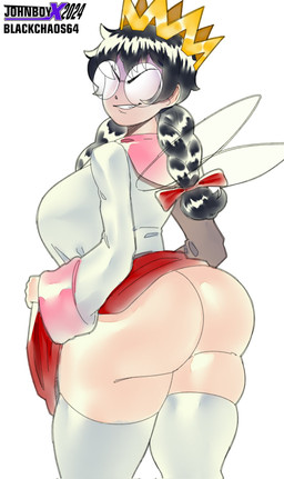 big_butt black_hair bottomwear braided_pigtails butt clothed clothing crown eyewear female glasses hair headgear insect_wings legwear looking_at_viewer looking_back looking_back_at_viewer no_underwear raised_bottomwear raised_clothing raised_skirt rear_view red_bottomwear red_bow red_clothing red_skirt round_glasses simple_background skirt smile solo tan_body tan_skin thick_thighs thigh_highs topwear white_background white_clothing white_legwear white_thigh_highs white_topwear wide_hips wings blackchaos64 johnboyx kirby_(series) nintendo fairy_queen_(kirby) fairy humanoid winged_humanoid hi_res