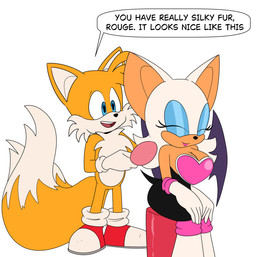 age_difference anthro big_breasts breasts brush brushing brushing_hair duo female hair hairbrush male male/female older_female personal_grooming styling_hair text younger_male 4chan_anon anonymous_artist sega sonic_the_hedgehog_(series) miles_prower rouge_the_bat bat canid canine fox mammal red_fox true_fox english_text hi_res