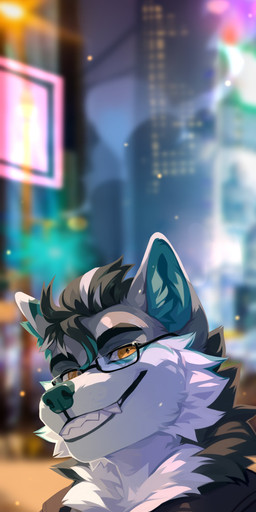 anthro black_hair blue_hair blurred_background cheek_tuft clothed clothing eyewear facial_tuft fangs fur glasses grey_body grey_fur grin hair looking_at_viewer male multicolored_hair neck_tuft neon_lights orange_eyes rectangular_glasses smile solo teeth tuft unsigned urban white_body white_fur white_hair corzh77 canid canine canis mammal wolf absurd_res bust_portrait hi_res portrait