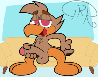 anthro balls beak big_feet feet furniture genitals glans humanoid_genitalia humanoid_penis male open_beak open_mouth penis penis_grab red_tongue sitting sofa solo tail toes tongue toony conditional_dnp sr-g bow_(tamerkoh) avian bird