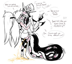 2_penises anatomically_correct anatomically_correct_genitalia anatomically_correct_penis animal_genitalia animal_penis apode blazer bodily_fluids boots bow_tie clothed clothing dialogue diphallism drunk fangs female footwear genital_fluids genital_slit genitals hair hat headgear headwear high_heeled_boots high_heels holding_penis legless male male/female male_peeing multi_eye multi_genitalia multi_penis multi_penis_peeing multi_urethra_peeing outside peeing peeing_on_ground penis pupils serpentine shoes snake_hood speech_bubble substance_intoxication tail tapering_penis tapering_tail teeth text urine urine_on_ground urine_pool urine_stream vertical_diphallism watersports twiggietime hazbin_hotel hellaverse cherri_bomb_(hazbin_hotel) sir_pentious_(hazbin_hotel) cyclops demon demon_humanoid draconcopode humanoid naga reptile scalie snake english_text hi_res