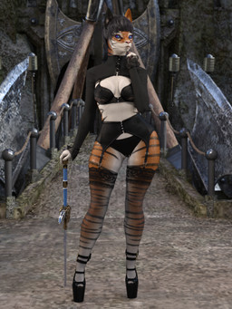 anthro big_breasts big_butt black_body black_clothing black_fur black_hair black_topwear bottomwear breasts butt claws clothed clothing eyebrows eyelashes female figurine footwear fur garter_belt garter_straps hair high_heels lingerie long_hair melee_weapon multicolored_body multicolored_fur orange_body orange_fur panties paws pose shoes small_breasts solo sword tight_clothing topwear underwear weapon white_body white_fur wide_hips anapx beca canid canine canis felid feline felis fox hybrid mammal 3:4 3d_(artwork) absurd_res digital_media_(artwork) hi_res pinup