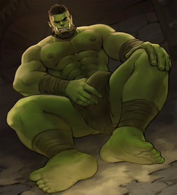 5_fingers 5_toes ankle_wraps barazoku beard big_muscles black_hair body_hair bottomwear bulge chest_hair clothed clothing facial_hair feet fingers genitals green_body green_nipples green_skin grin hair happy_trail holding_penis humanoid_feet humanoid_hands humanoid_pointy_ears loincloth looking_at_viewer male muscular muscular_humanoid muscular_male nipples not_furry penis plantigrade pointy_ears smile solo toes topless tusks wraps wrist_wraps dopq humanoid orc 2020 hi_res