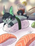 anthro chopsticks cjk_character food iced_tea male meat rice salmon_(food) seaweed solo sushi wasabi omtay kota_(kotafen) 3:4