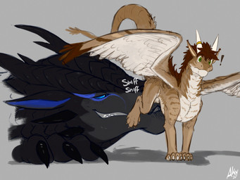 animal_genitalia black_body brown_body butt_sniffing claws crotch_sniffing duo feathers feral feral_on_feral fur genitals grin horn male male/male sheath size_difference smile sniffing surprised wings aky conditional_dnp european_mythology mythology aky_(character) zarizav dragon feathered_dragon feathered_scalie furred_dragon furred_scalie mythological_creature mythological_scalie scalie western_dragon hi_res