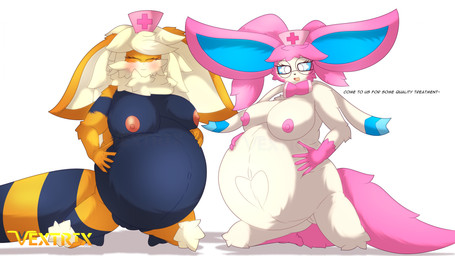 anthro belly breasts duo female genitals healing looking_at_viewer nipples pregnant pregnant_anthro pregnant_female unbirthing vaginal vore vulva vextrix nintendo pokemon arc_vap arcanine eeveelution generation_1_pokemon generation_6_pokemon hybrid pokemon_(species) sylveon vaporeon hi_res