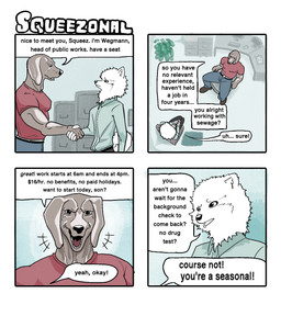 4_panel_comic anthro brown_body brown_fur clothed clothed_anthro clothed_male clothing computer desk dialogue duo electronics filing_cabinet floppy_ears fully_clothed fully_clothed_anthro fully_clothed_male fur furniture gesture handshake inside job_interview looking_at_another male office open_mouth pointy_ears prick_ears sitting standing table text white_body white_fur hieronymusjohnson squeez_(hieronymusjohnson) wegmann_(hieronymusjohnson) canid canine canis domestic_dog mammal nordic_sled_dog samoyed spitz 2025 aliasing binary_drawing comic digital_drawing_(artwork) digital_media_(artwork) english_text hi_res