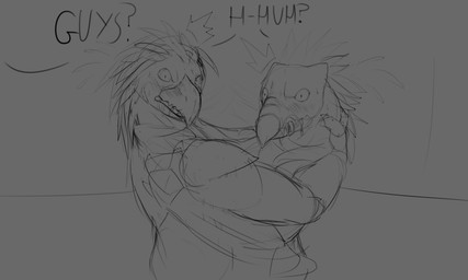 anthro anthro_on_anthro beak bodily_fluids clothed clothed_anthro clothed_male clothing dialogue duo feather_hair feathered_crest feathers head_crest hug interspecies looking_at_viewer male male/male male_anthro pseudo_hair saliva saliva_string sharp_teeth surprised teeth text toothed_beak wide_eyed xenophilia khloros mirufi halo_(series) microsoft space_station_13 xbox_game_studios alien avian kig-yar scalie t'vaoan vox_(space_station_13) english_text monochrome
