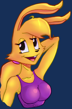 anthro breasts buckteeth clothing female fur pigtails rabbit_ears shirt solo t-shirt teeth toony toony_expression toony_eyes topwear vintage yellow_body yellow_fur 1ndigocat epic_games jazz_jackrabbit_(series) lori_jackrabbit hare lagomorph leporid mammal 2022 2:3 alpha_channel half-length_portrait hi_res portrait