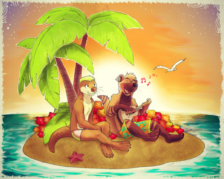 ambiguous_feral ambiguous_gender anthro brown_body brown_fur closed_smile clothed clothing ear_piercing eyes_closed feral flower flying fur group guitar holding_guitar holding_musical_instrument holding_object island male male_anthro mouth_closed musical_instrument open_mouth open_smile palm_tree piercing plant plucked_string_instrument sitting smile string_instrument topless tree trio whiskers white_body white_fur chumbasket eclipticafusion chumbasket_(character) avian bird gull hybrid hyena lari larid mammal mustelid otter hi_res