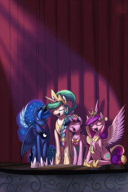 blue_hair braided_hair crown cutie_mark eyes_closed feathered_wings feathers female feral fur gold_(metal) group hair headgear horn jewelry multicolored_hair necklace ponytail purple_body purple_fur purple_hair singing sparkles spotlight stage two_tone_hair wings valcron friendship_is_magic hasbro my_little_pony mythology princess_cadance_(mlp) princess_celestia_(mlp) princess_luna_(mlp) twilight_sparkle_(mlp) equid equine mammal mythological_creature mythological_equine winged_unicorn 2014 2:3 hi_res