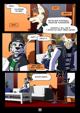 anthro borderless_panel brown_eyes clothed clothed_anthro clothed_male clothing college_clothing college_dorm college_jacket college_logo college_student dialogue duo ear_piercing fully_clothed fully_clothed_anthro fully_clothed_male fur hat headgear headwear heterochromia hoodie male markings open_mouth page_number piercing sitting speech_bubble spots spotted_body spotted_fur text topwear ariesartist lucas_(ariesartist) matthew_(ariesartist) border_collie canid canine canis collie dalmatian domestic_dog herding_dog mammal pastoral_dog sheepdog 3d_(artwork) absurd_res blender_(artwork) comic digital_media_(artwork) english_text hi_res