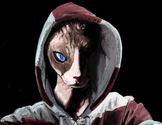 anthro blue_sclera brown_body hairless hood male painting_(object) realistic solo tan_body two_tone_hoodie naircat domestic_cat felid feline felis hairless_cat mammal sphynx_(cat) 2014 bust_portrait portrait