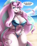2020 4:5 anthro anthrofied beach blue_eyes breasts cleavage clothed clothing cloud curvy_figure detailed_background dialogue digital_media_(artwork) english_text equid female galarian_form galarian_rapidash generation_8_pokemon hi_res horn looking_at_viewer mammal mleonheart nintendo nipple_outline one-piece_swimsuit open_mouth outside pokemon pokemon_(species) pokemorph regional_form_(pokemon) sand seaside sky solo speech_bubble swimwear talking_to_viewer text water wide_hips