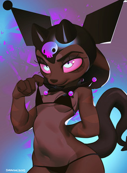 anthro big_eyes bikini black_bikini black_clothing black_swimwear breasts brown_body brown_fur clothed clothing cosplay eyelashes female fur hand_behind_back horn partially_clothed pink_sclera skimpy_bikini slim small_breasts solo standing swimwear tail two-piece_swimsuit syrrvya onegai_my_melody sanrio kuromi syrv_(syrvya) mammal mouse murid murine rodent 2025 dated digital_media_(artwork) hi_res watermark