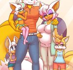 2022 aged_up anthro bat blush bottomwear canid canine child clothed clothing eyes_closed family family_photo female fox fully_clothed group hand_on_belly hi_res kiss_mark lipstick lipstick_on_face makeup male mammal michiyoshi miles_prower parent_(lore) parent_and_child_(lore) pregnant pregnant_female rouge_the_bat sega shorts sonic_the_hedgehog_(series) wings young