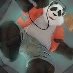 anthro belly black_body black_nose bottomwear clothing electronics eyes_closed headphones humanoid_hands kemono lying male overweight overweight_male shirt shorts solo topwear white_body laohu bear giant_panda mammal 1:1 2021 hi_res