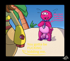 accessory anthro balls beach big_balls bottomless breasts butt clothed clothing duo female flaccid foreskin genitals hair male male_focus mostly_offscreen_character necktie nude outside penis pink_body sand seaside shortstack sky smile solo_focus swimwear tail text two-piece_swimsuit not_safe_for_reality gameoverse glitch_productions gobbles_(gameoverse) kit_bodega dinosaur domestic_cat felid feline felis mammal prehistoric_species reptile scalie digital_media_(artwork) english_text hi_res