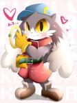 5_fingers anthro belt black_body black_fur black_nose blush cheek_tuft clothed clothing collar facial_tuft fingers fur hat headgear headwear heart_symbol kemono male simple_background smile solo teeth text topless tuft yellow_eyes nekokagebevil bandai_namco klonoa_(series) pac-man_(series) klonoa domestic_cat felid feline felis mammal 2012 digital_media_(artwork) english_text hi_res