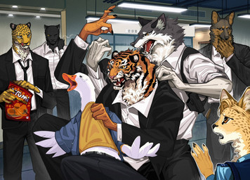 angry anthro beak black_bottomwear black_clothing black_necktie black_pants black_topwear blue_clothing blue_topwear bodily_fluids bottomwear clothed clothing clothing_grab fangs fingers fully_clothed fur group inside looking_at_another male melanistic necktie orange_beak orange_body orange_fur pants red_tongue tears teeth tongue tongue_out topwear white_body white_clothing white_fur white_topwear lljh anatid anseriform avian bird canid canine canis domestic_dog duck felid feline leopard mammal pantherine serval tiger hi_res