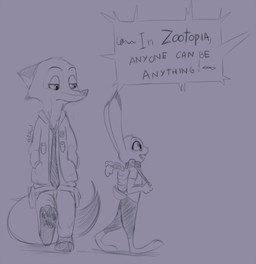 anthro backpack duo female hand_in_pocket hands_in_both_pockets male pockets dotaluit disney zootopia judy_hopps nick_wilde canid canine fox lagomorph leporid mammal rabbit red_fox true_fox black_and_white monochrome