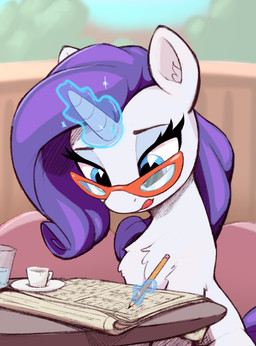 beverage blue_eyes eyeshadow eyewear female feral fur glasses hair horn licking licking_lips licking_own_lips long_hair looking_down magic makeup newspaper purple_hair purple_tail solo tail tongue tongue_out unicorn_horn white_body white_fur rnghat friendship_is_magic hasbro my_little_pony mythology rarity_(mlp) equid equine mammal mythological_creature mythological_equine unicorn absurd_res hi_res