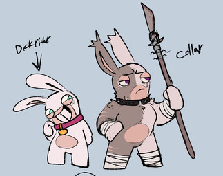 anthro arm_scar bandage bandaged_arm bandaged_leg black_collar blue_background blue_eyes closed_frown collar collar_only collar_tag directional_arrow duo ear_tuft eye_scar facial_scar featureless_legs freckled_face freckles frown fur grey_body grey_fur half-closed_eyes hand_behind_back holding_melee_weapon holding_object holding_polearm holding_spear holding_weapon larger_anthro larger_male leg_scar long_ears male melee_weapon mitten_hands mouth_closed multicolored_body multicolored_fur muscular muscular_anthro muscular_male narrowed_eyes no_pupils nude nude_anthro nude_male pink_collar polearm purple_eyes scar simple_background size_difference smaller_anthro smaller_male smile smiling_at_another spear standing tan_eyelids tan_inner_ear tan_scar text thin_eyebrows toothy_smile tuft two_tone_body two_tone_fur weapon white_body white_fur critterzone13 raving_rabbids rayman_(series) ubisoft collar_(critterzone13) dick_rider fan_character lagomorph mammal rabbid 2023 character_name digital_drawing_(artwork) digital_media_(artwork) english_description english_text flat_colors
