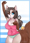 5_fingers anthro big_breasts big_tail blue_eyes bottomless breasts brown_hair clothed clothing duo eyebrows eyelashes female fingers hair long_hair one_eye_closed open_mouth panties simple_background solo_focus stripes tail underwear yawn cinnamama domestic_cat felid feline felis mammal snowshoe_cat digital_media_(artwork)