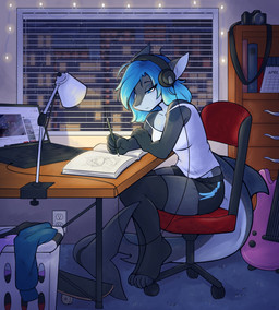 4_toes 5_fingers anthro blue_eyes blue_hair bottomwear breasts building camera chair clothed clothing computer creating_art detailed_background drawing_(action) electric_guitar electronics feet female fingers footwear furniture guitar hair headphones holding_object inside lamp laptop legwear musical_instrument night non-mammal_breasts off_shoulder pencil_(object) plucked_string_instrument shirt shorts sitting skateboard socks solo string_instrument tank_top toeless_footwear toeless_socks toes topwear vehicle window writing_utensil ambris lo-fi_hip_hop_study_mix youtube erika_(ambris) aquatic fish shark 2021 digital_media_(artwork) hi_res shaded
