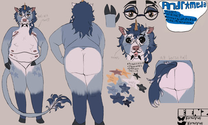 anthro blue_body blue_hair braided_hair braided_ponytail butt eyewear glasses gynomorph hair horn intersex piercing ponytail slightly_chubby solo text yellow_eyes benzfur mythology equid equine mammal mythological_creature mythological_equine unicorn absurd_res english_text hi_res model_sheet trans_(lore)