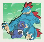 3_toes 5_fingers anthro belly biped bipedal_feral black_chest black_eyes black_feet black_soles blue_arms blue_belly blue_body blue_chest blue_feet blue_fingers blue_hands blue_legs blue_scales blue_soles blue_tail bubble claws closed_smile duo feet feral finger_claws fingers green_background looking_at_another looking_at_partner male male/male monotone_arms monotone_chest monotone_feet monotone_hands monotone_legs monotone_soles monotone_tail mouth_closed multicolored_belly multicolored_body multicolored_chest multicolored_feet multicolored_scales multicolored_soles muscular muscular_anthro muscular_male orange_cheeks orange_eyes palms red_body red_scales relaxing scales simple_background smile smiley_face smiling_at_another smiling_at_partner soles tail teeth text toe_claws toes white_belly yellow_belly yellow_body yellow_palms yellow_scales yellow_soles darlan_space game_freak nintendo pokemon croagunk feraligatr generation_2_pokemon generation_4_pokemon pokemon_(species) scalie 2025 artist_name colored digital_drawing_(artwork) digital_media_(artwork) shaded signature