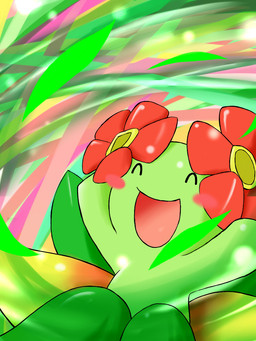 ambiguous_gender blush dancing flower flower_(anatomy) happy head_flower n_n open_mouth petal_dance plant raised_arm smile solo wind kaz_(artist) nintendo pokemon bellossom elemental_creature flora_fauna generation_2_pokemon humanoid pokemon_(species) 3:4 colorful_theme hi_res