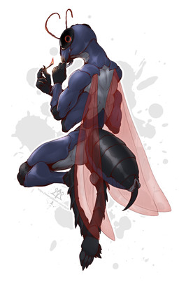 4_arms 5_fingers antennae_(anatomy) anthro arthropod_abdomen cigarette feet fingers insect_wings male multi_arm multi_limb nude paws simple_background smoke smoking solo stinger wings kredri arthropod hymenopteran insect wasp hi_res