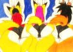 anthro athletic_wear bent_over big_breasts big_butt biped black_hair blonde_hair breasts butt clothed clothing cross female fluffy fluffy_tail fur group hair looking_away multicolored_body multicolored_ears multicolored_fur orange_body orange_fur orange_tail purple_hair raised_arms rear_view red_hair solo stretching tail trio two_tone_body two_tone_ears two_tone_fur white_body white_fur yellow_body yellow_eyes yellow_fur yellow_tail theloanwanderer216 heaven_(rukaisho) malice_(rukaisho) sonia_(rukaisho) canid canine fox mammal 2021 absurd_res hi_res traditional_media_(artwork)